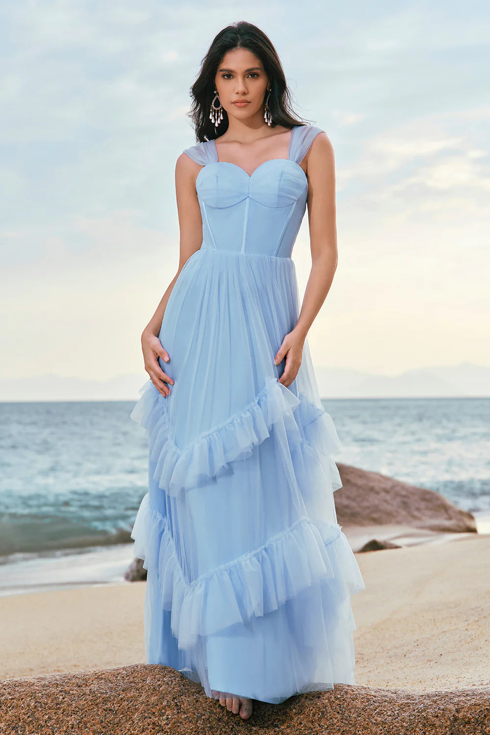 Grey Blue A Line Ruched Corset Long Bridesmaid Dress with Ruffles