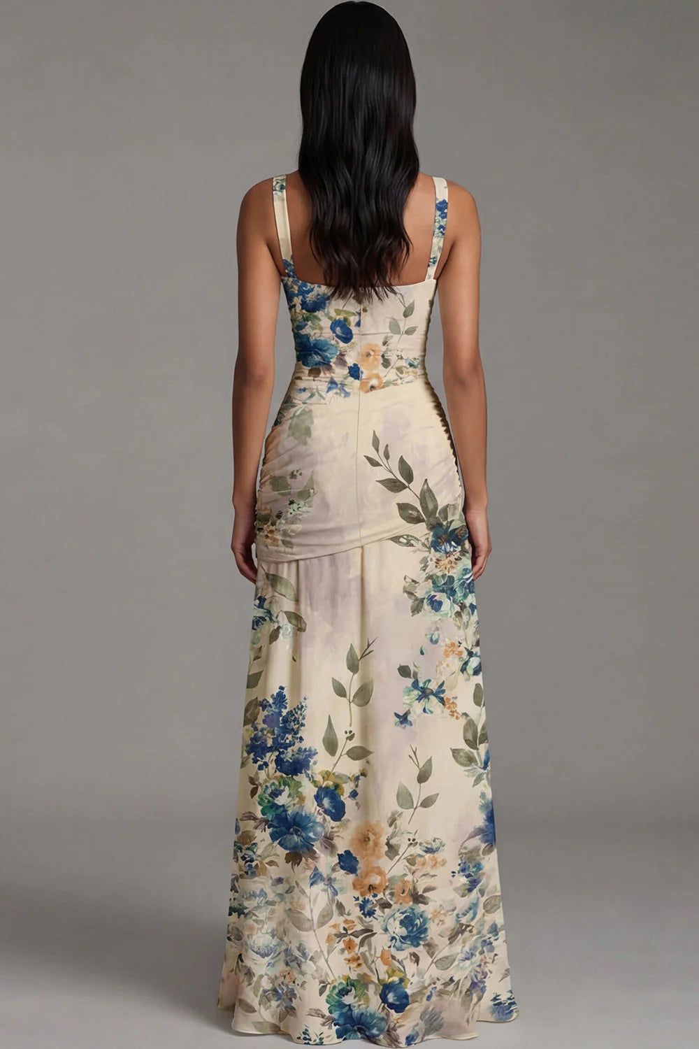Ivory Ruched A Line Printed Long Formal Dress