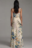 Ivory Ruched A Line Printed Long Formal Dress