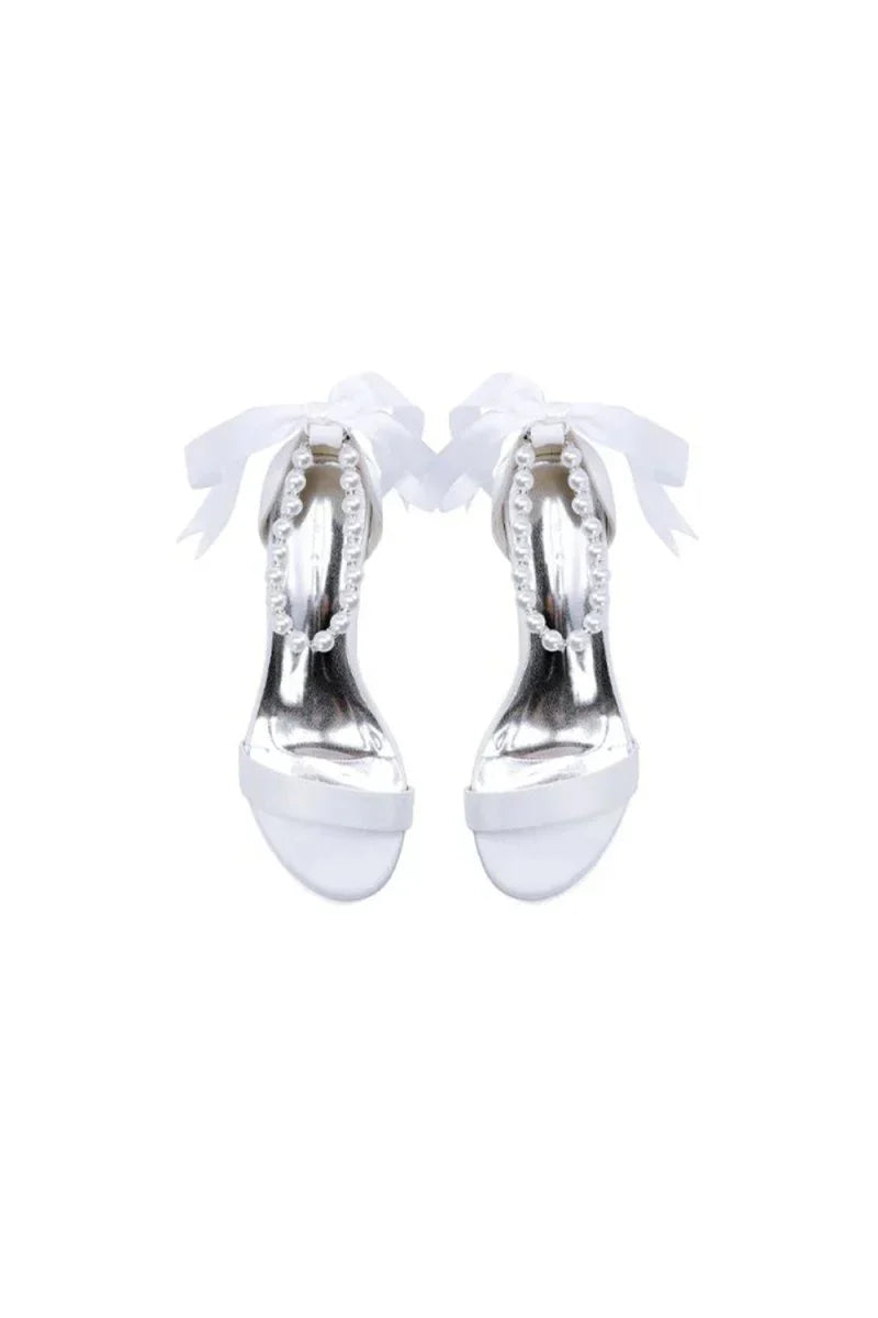 Block Heel Sandal Adorned with Pearl Ankle Band and Ribbon Bow