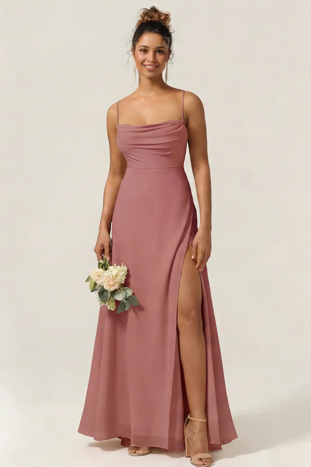 Blue Flower A Line Spaghetti Straps Chiffon Long Bridesmaid Dress with Slit