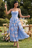 Floral Blue Tiered A Line Basque Wedding Guest Dress with Slit