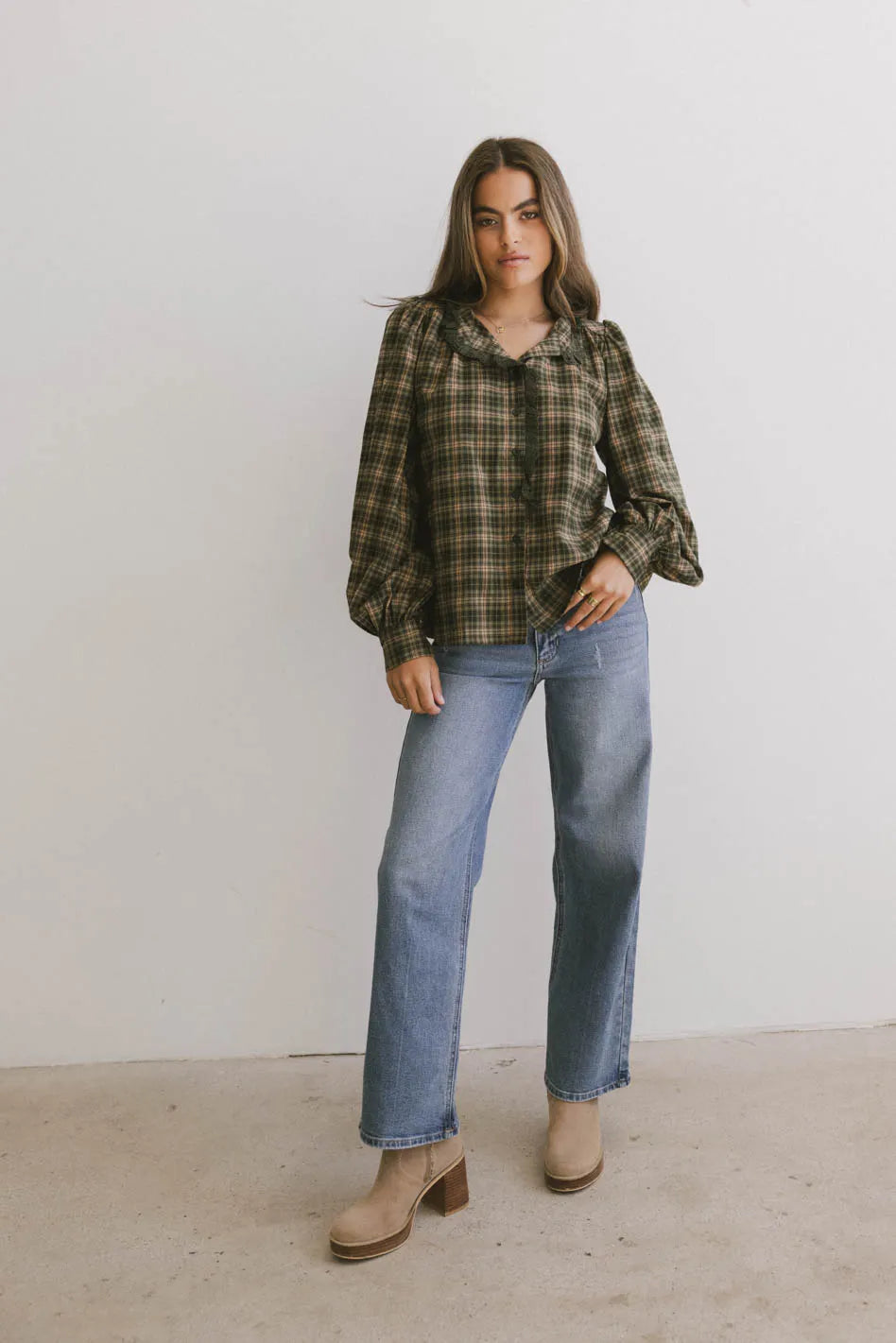 Rue Plaid Button Up in Hunter Green FINAL SALE