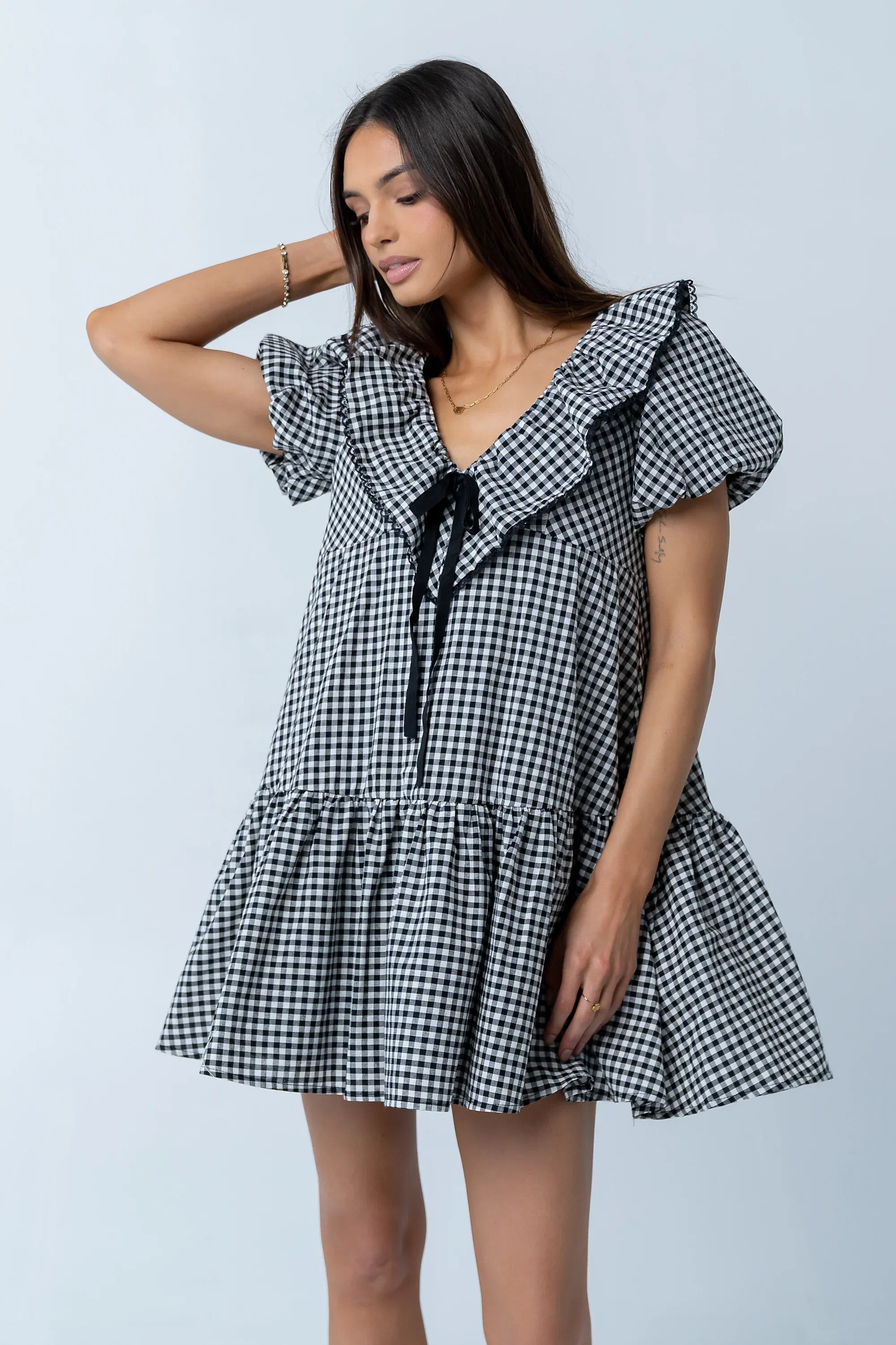 Tony Gingham Baby Doll Dress in Black
