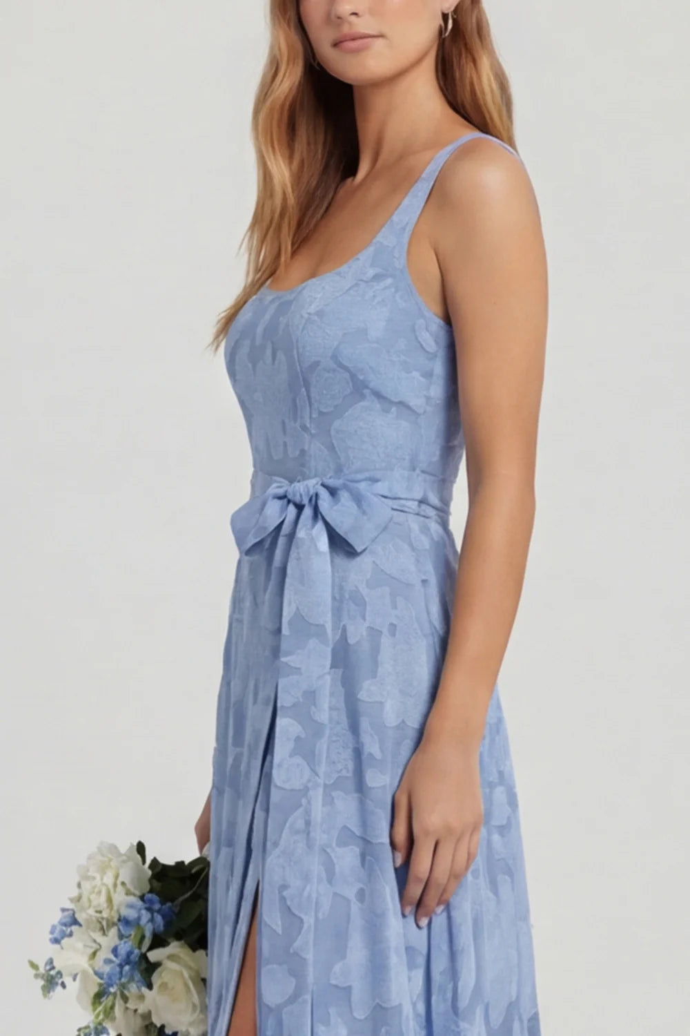Dusty Blue Floral A Line Chiffon Long Bridesmaid Dress with Slit