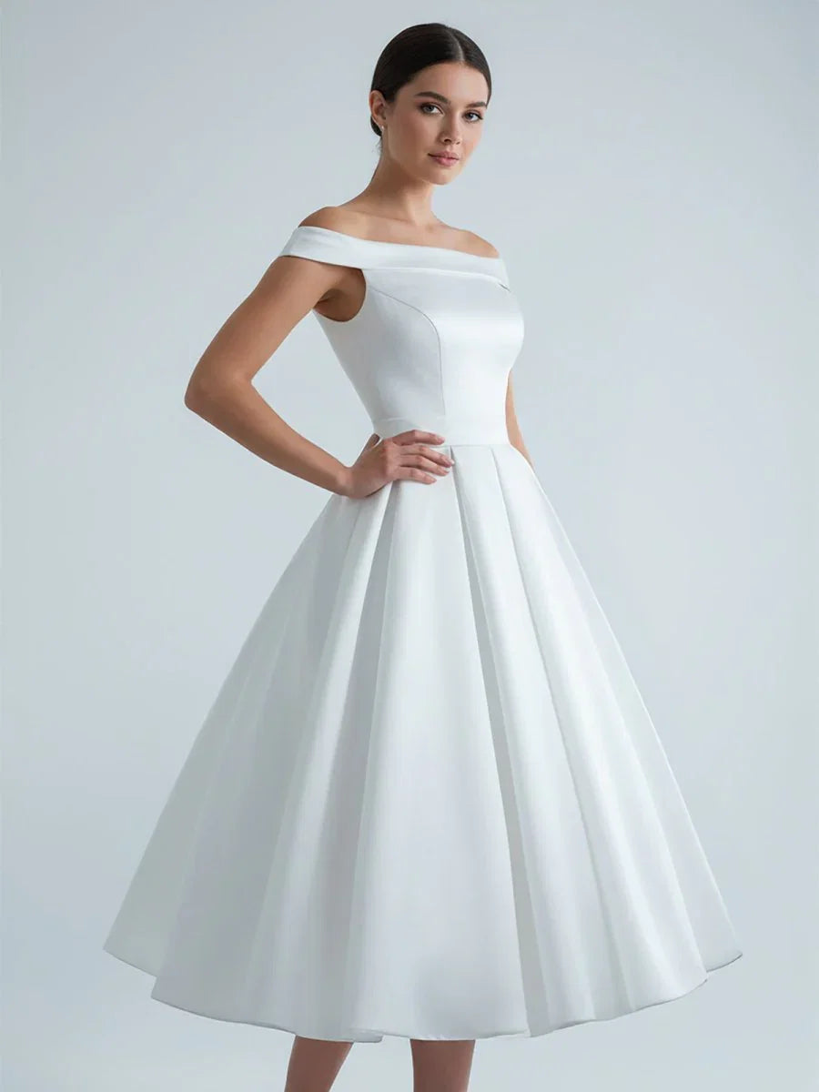 Sleeveless Tea Length Satin Wedding Dress With Sash And Off The Shoulder Neck