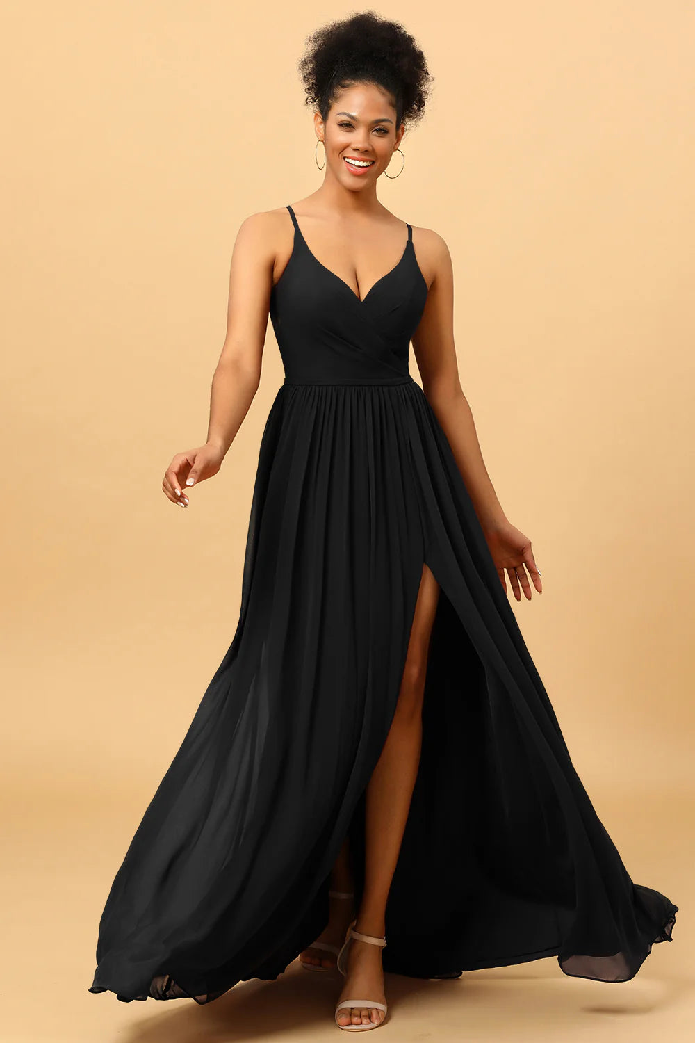 A Line Spaghetti Straps Ruched Long Chiffon Bridesmaid Dress with Slit