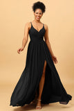 A Line Spaghetti Straps Ruched Long Chiffon Bridesmaid Dress with Slit