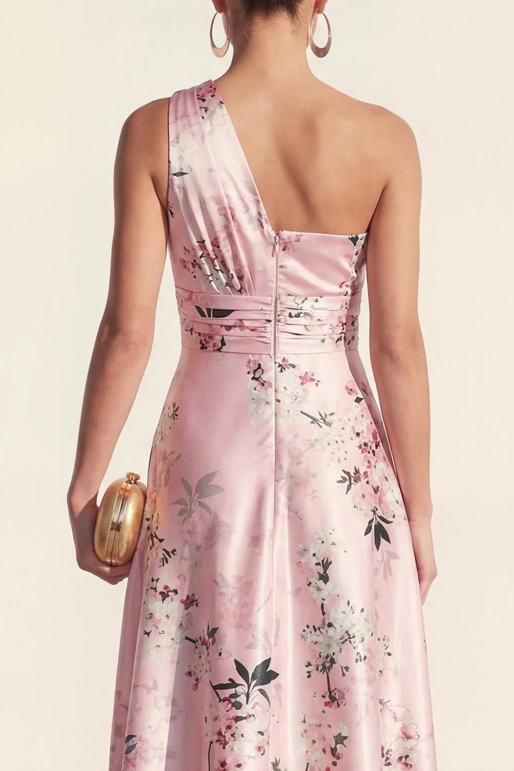 One Shoulder Ruched A Line Pink Printed Wedding Guest Dress