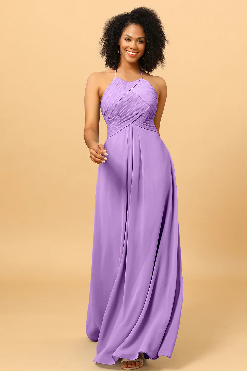 Sheath Halter Open Back Long Chiffon Bridesmaid Dress
