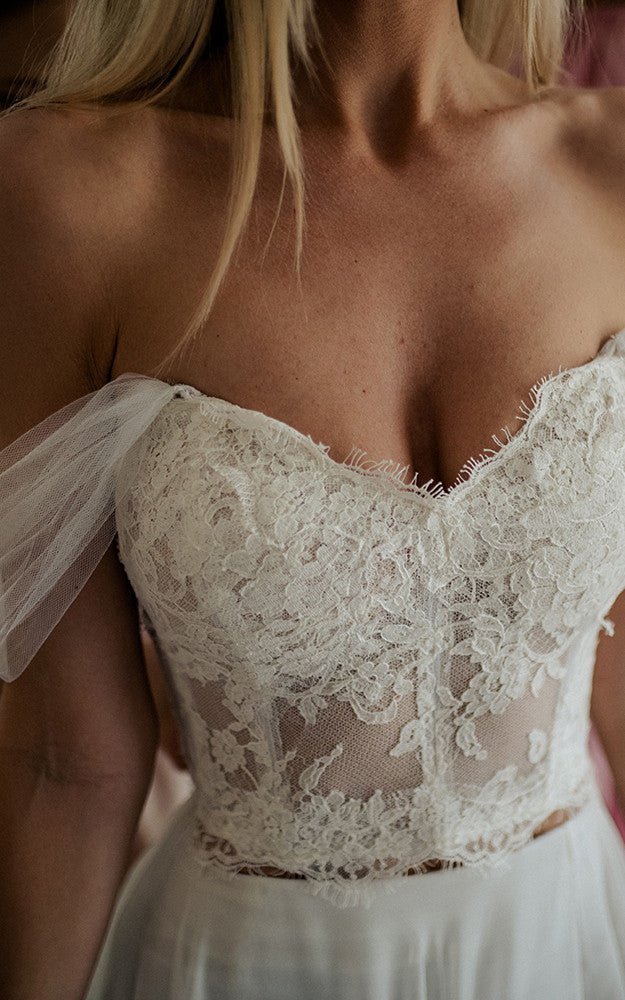 A Line Lace White Lace Up Off the Shoulder Wedding Dress with Slit