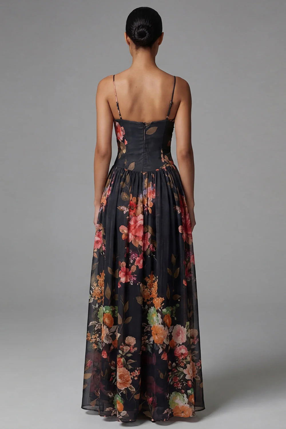 Black A Line Printed Ruched Long Formal Dress