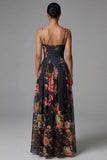 Black A Line Printed Ruched Long Formal Dress