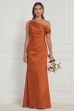 Burnt Orange Asymmetrical Neck Mermaid Ruched Satin Bridesmaid Dress
