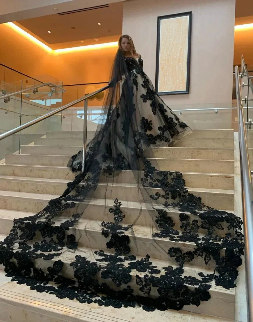A Line V Neck Open Back Court Train Black Wedding Dress With Veil