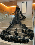 A Line V Neck Open Back Court Train Black Wedding Dress With Veil