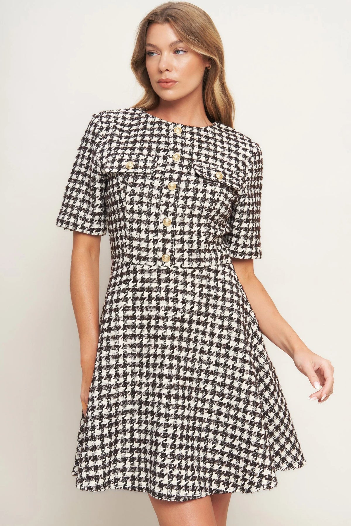 ELEGANT CHECK BROWN TWEED MINI DRESS FINAL SALE