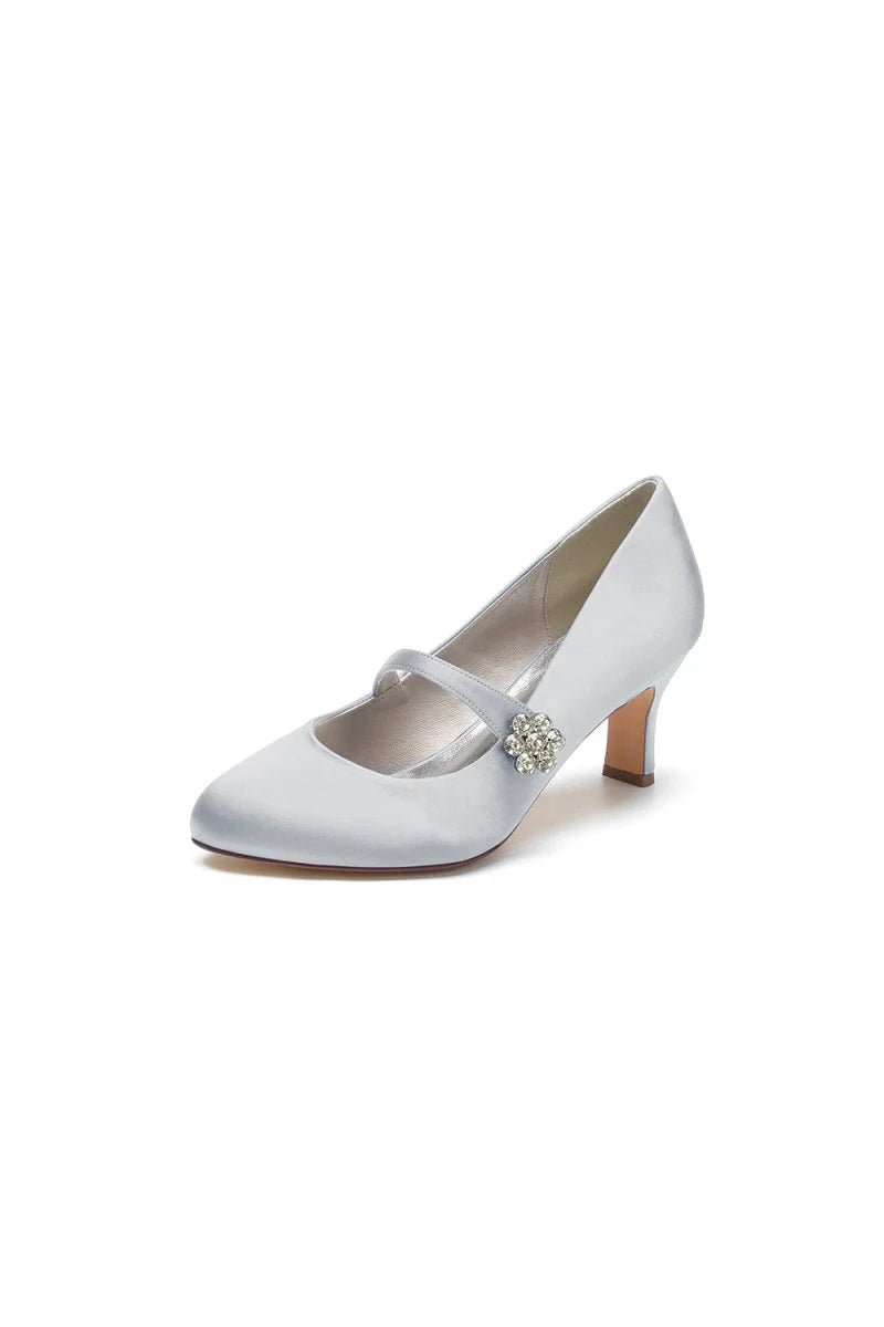 Round Toe Crystal Buckle Strap Chunky Heels