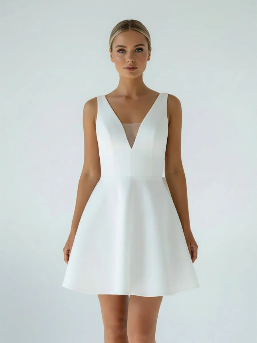 A Line White Satin V Neck Short Wedding Dress with Bow