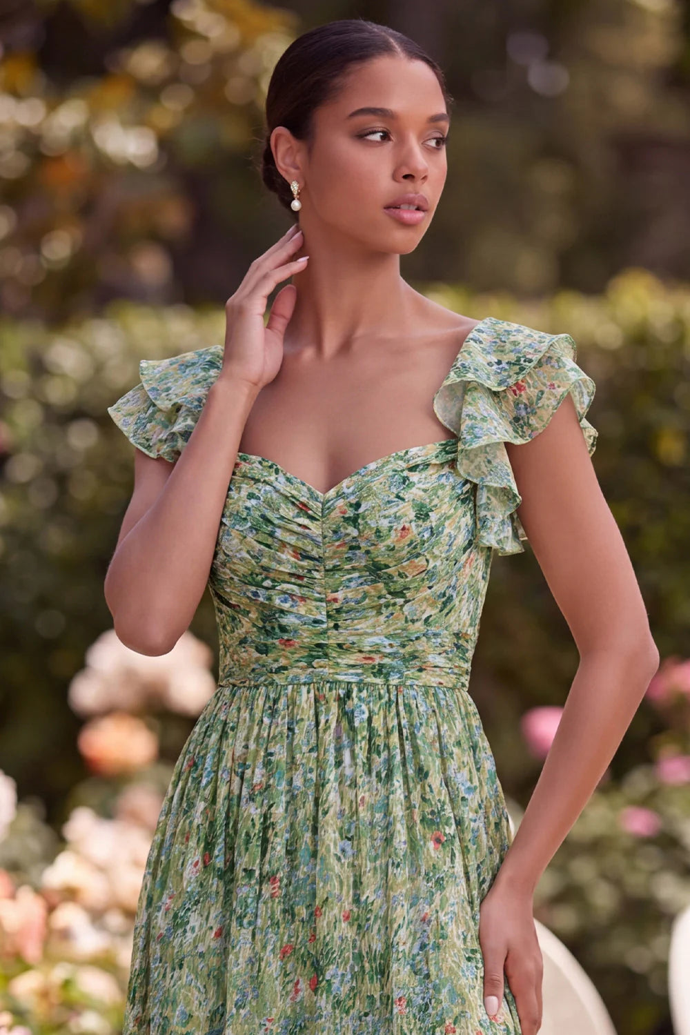 Green Flower A Line Square Neck Wedding Guest Dress with Slit