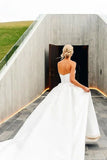 A Line V Neck Satin Wedding Dresses with Detachable Straps