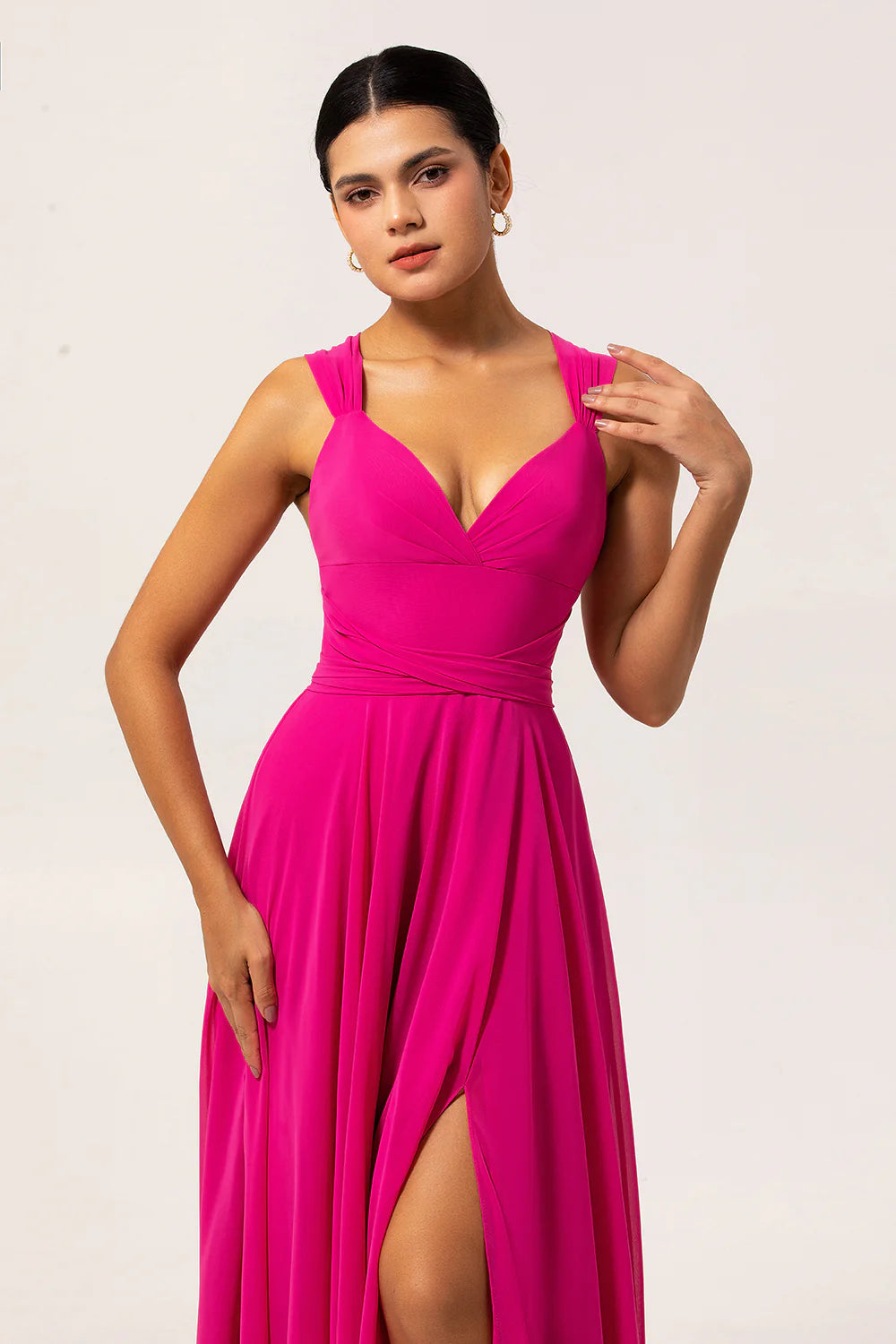 Blush Pink A Line Ruched Backless Convertible Chiffon Long Bridesmaid Dress with Slit