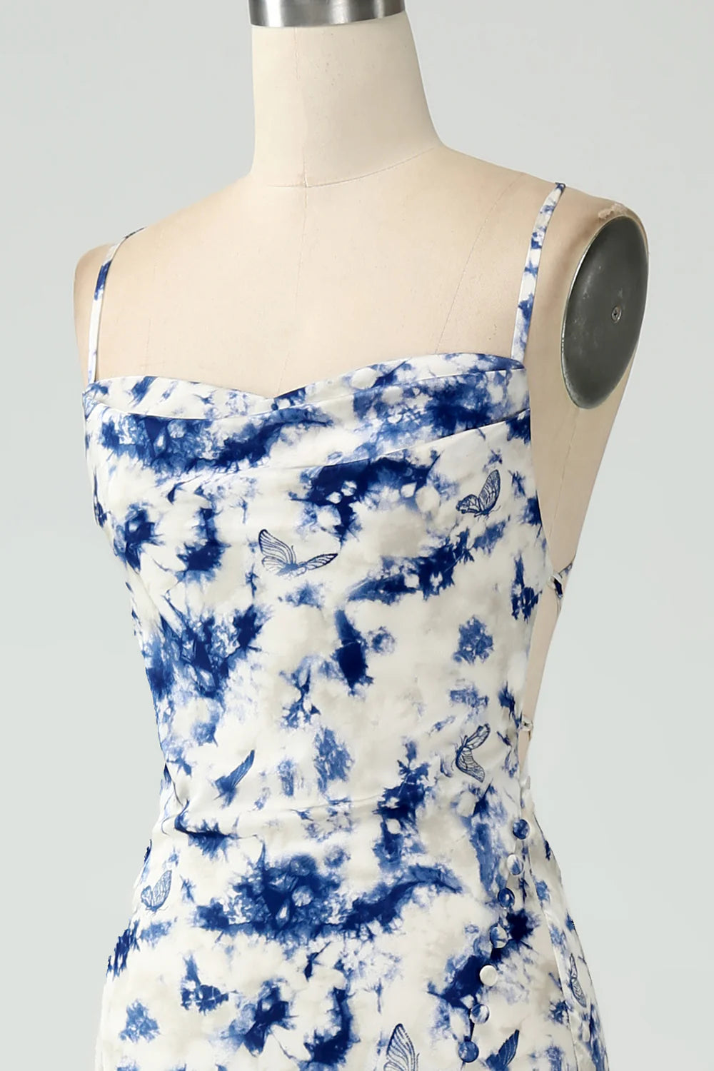 Blue Flower Mermaid Floral Print Backless Long Bridesmaid Dress With Slit