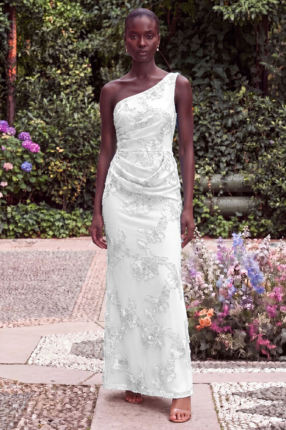 Sage Floral Embroidery One Shoulder Mermaid Wedding Guest Dress