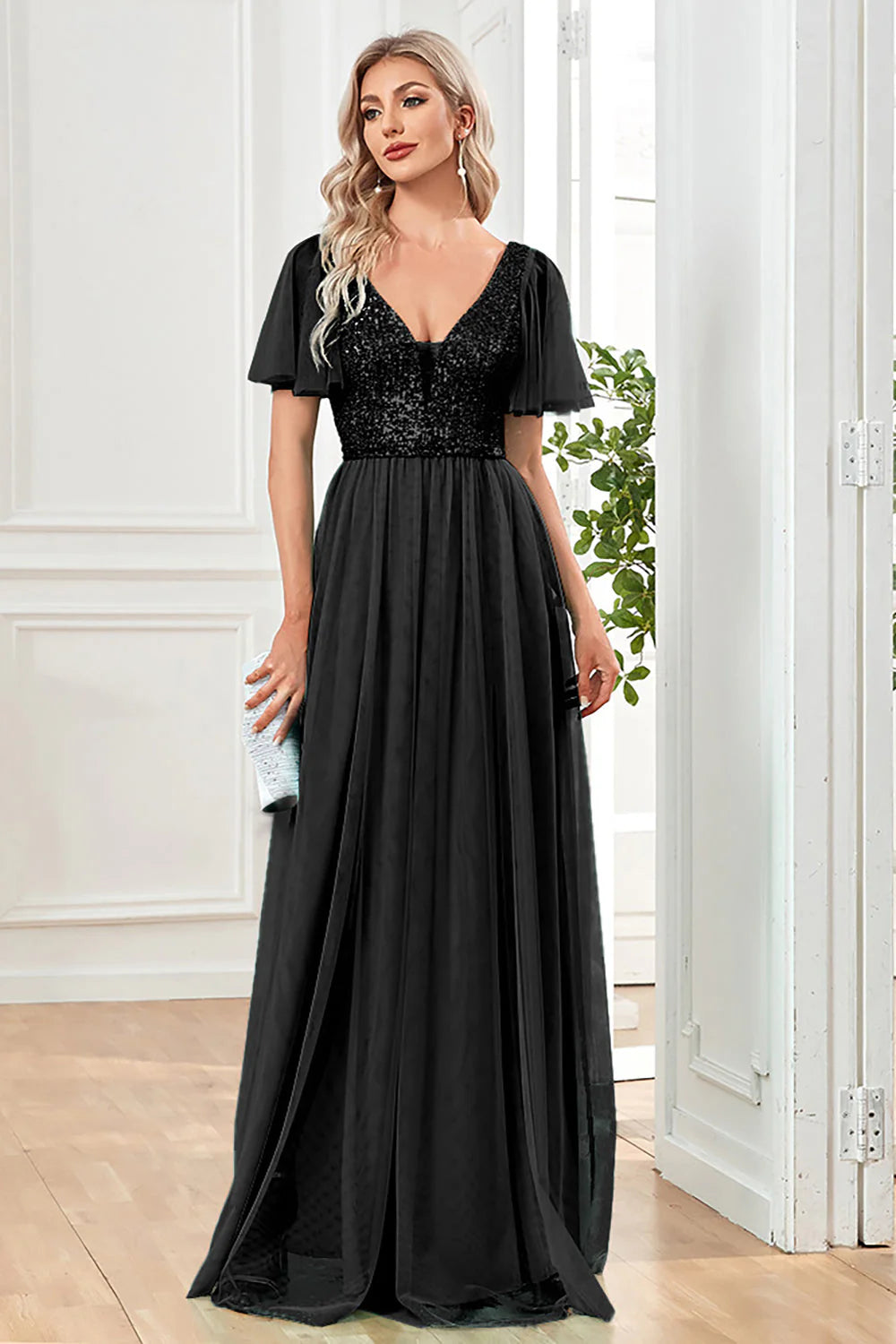 Black A Line V Neck Long Prom Dress with Sequins