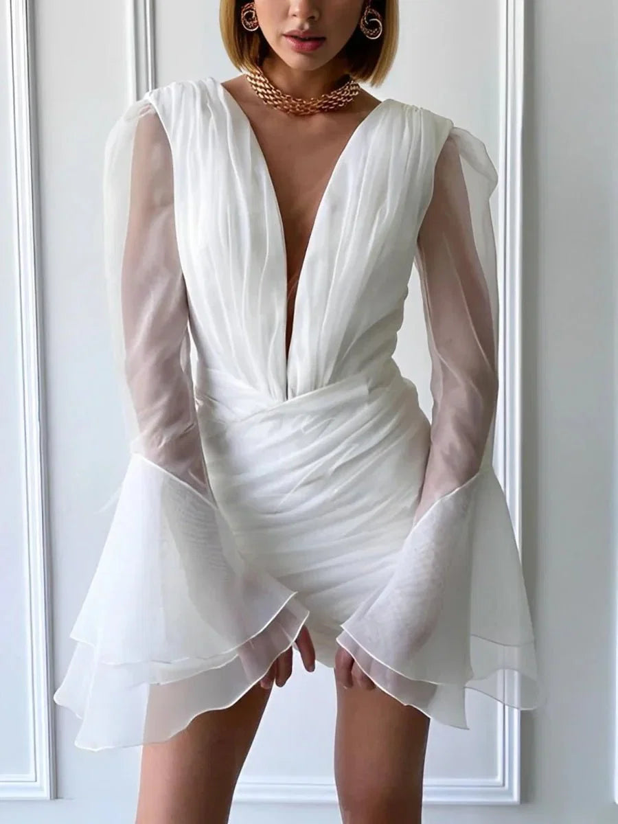 Sheath V Neck Long Sleeves Short Mini Tulle Little White Wedding Dresses