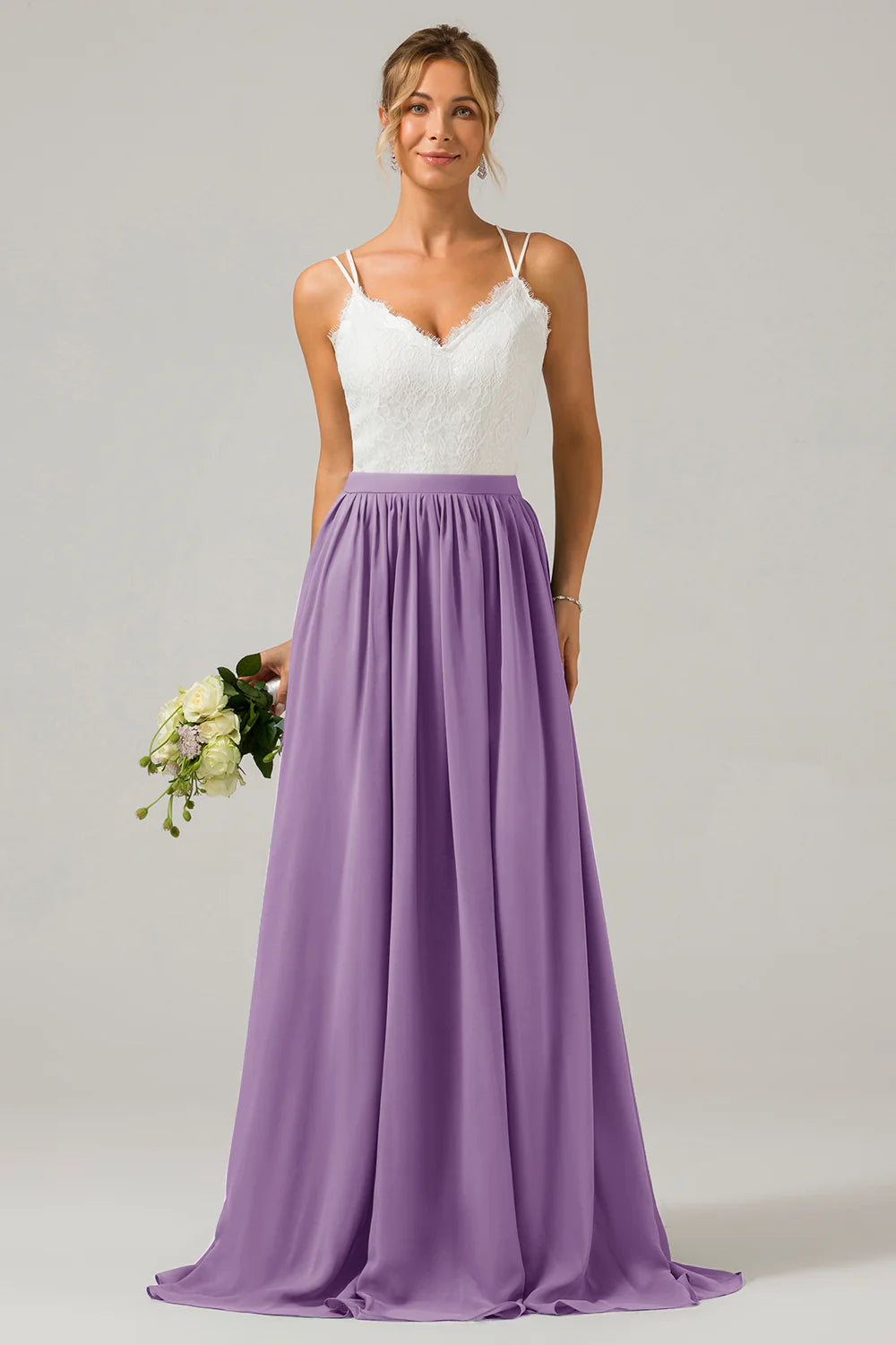 A Line Spaghetti Straps Pleated Long Bridesmaid Dress With Lace