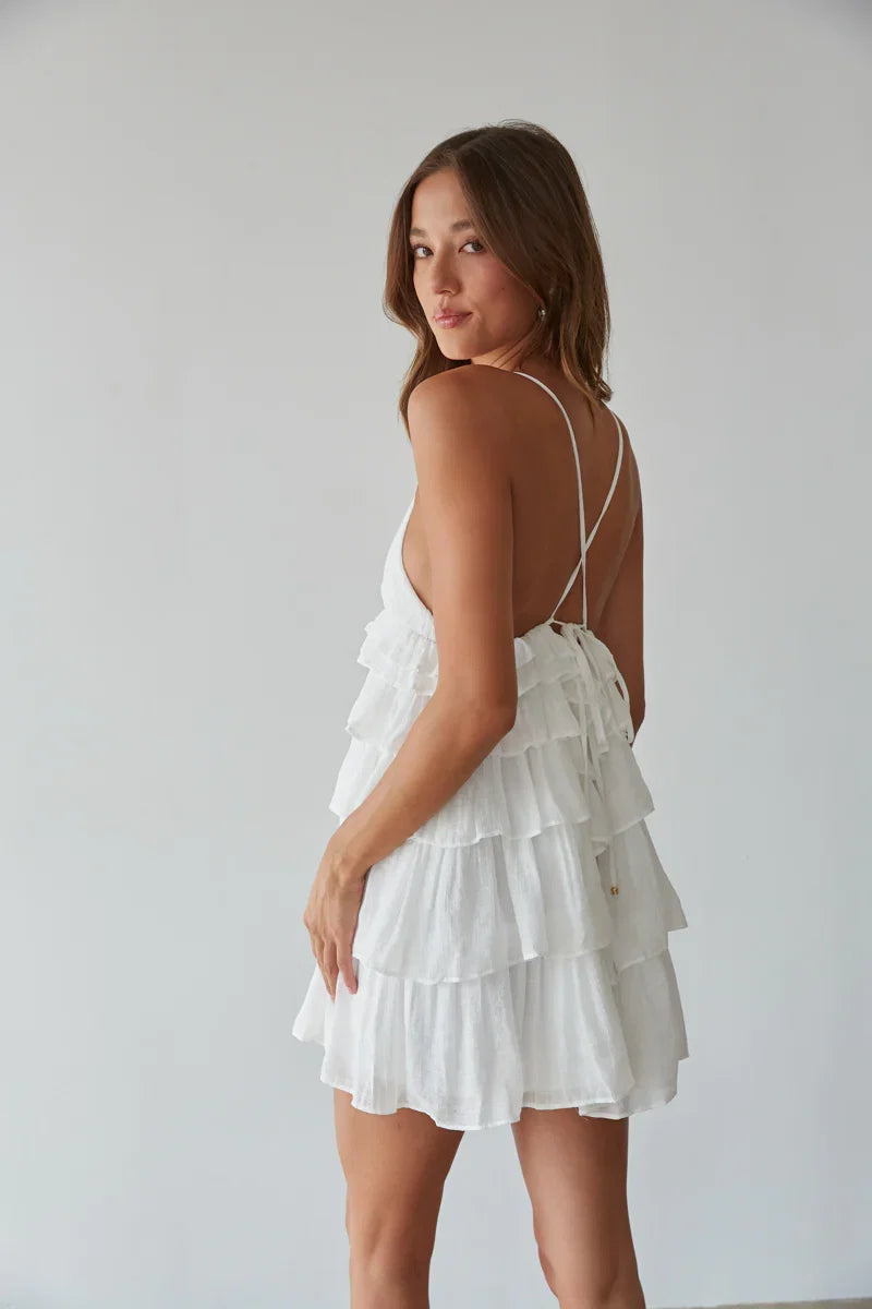 Boardwalk Tiered Ruffle Tie Back Mini Dress