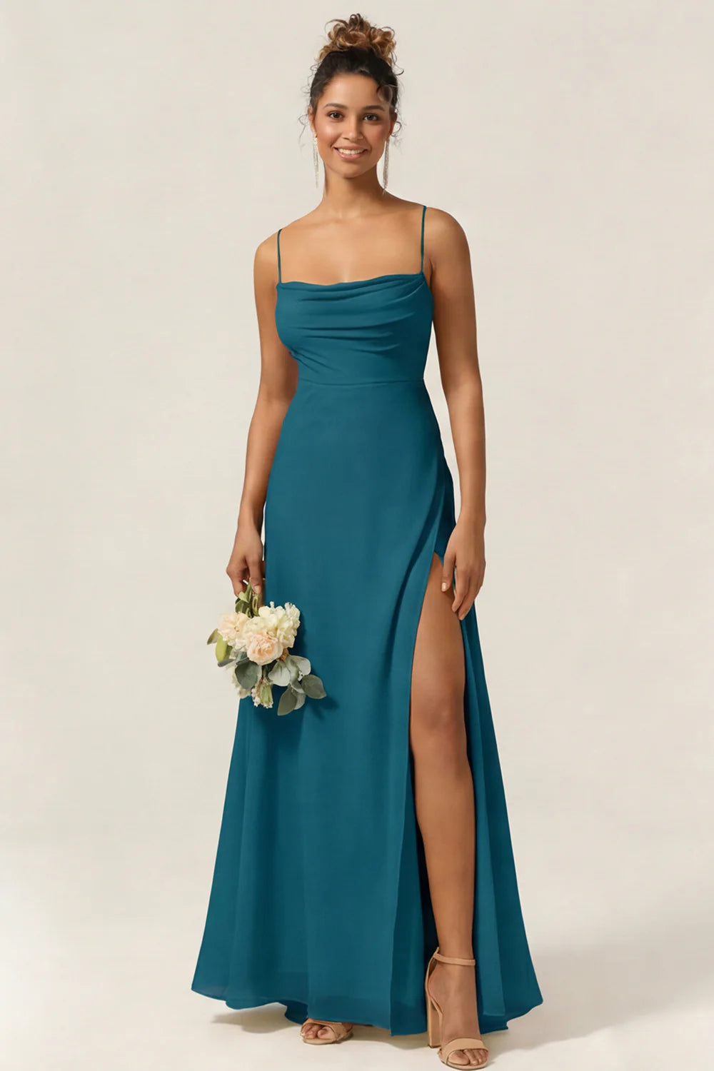 Blue Flower A Line Spaghetti Straps Chiffon Long Bridesmaid Dress with Slit