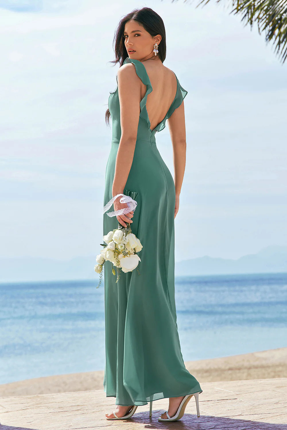 Eucalyptus A Line Square Neck Backless Floor Length Bridesmaid Dress with Slit