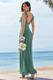 Eucalyptus A Line Square Neck Backless Floor Length Bridesmaid Dress with Slit