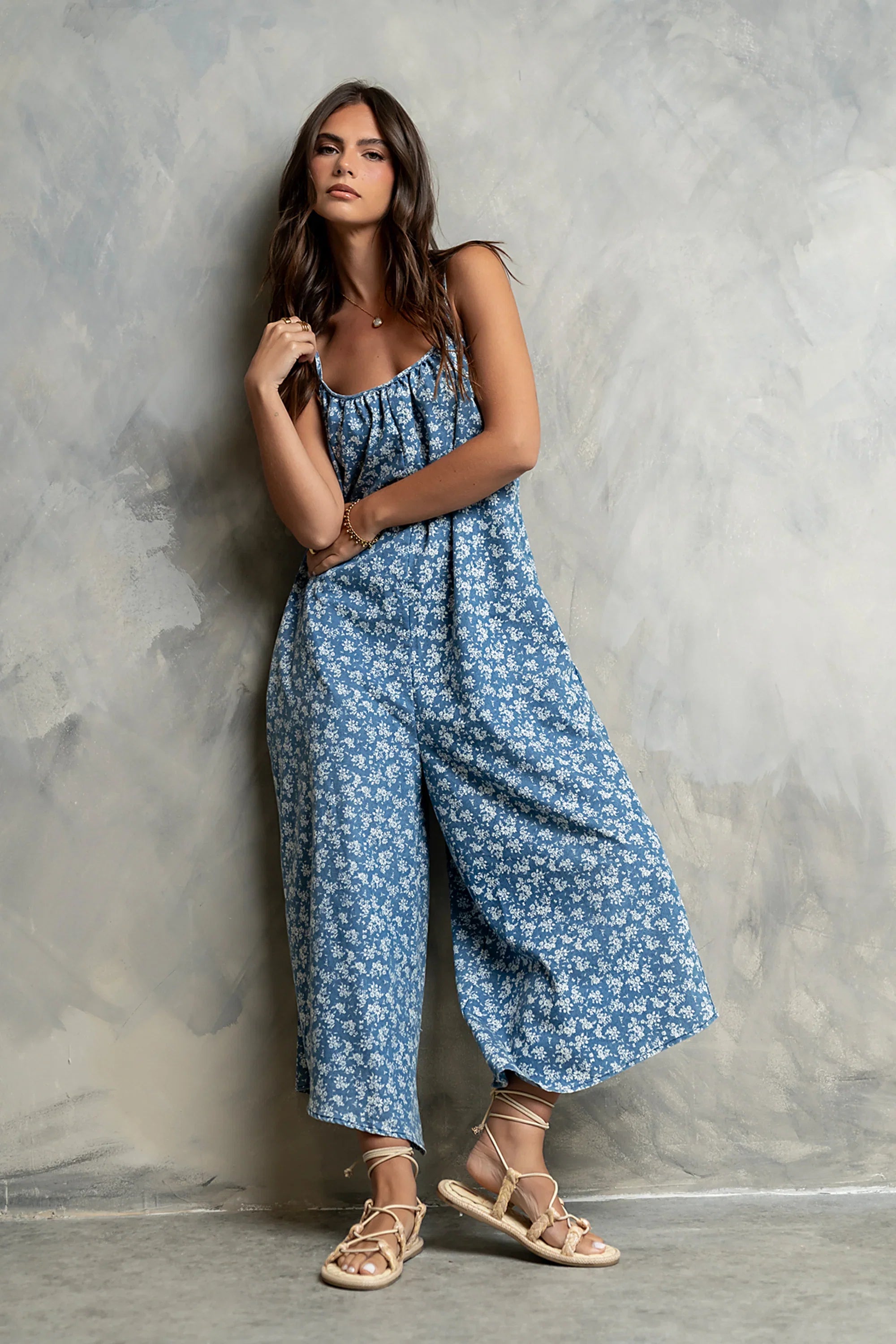 Brookelle Denim Floral Jumpsuit in Dark Wash