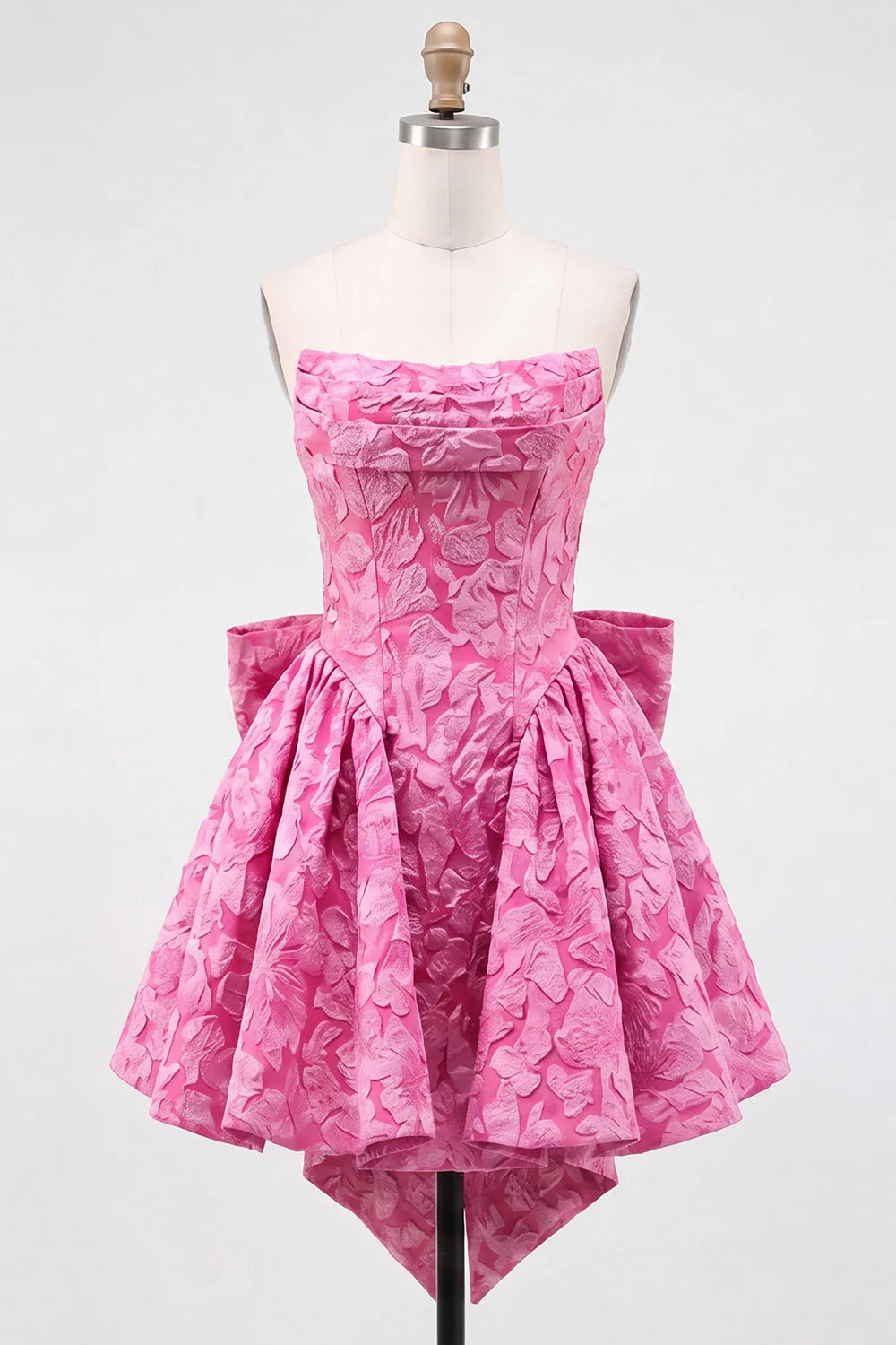 Strapless A Line Jacquard Bow Blue Homecoming Dress with Lace Up Back