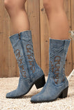 Denim Embroidered Mid Calf Cowboy Boots