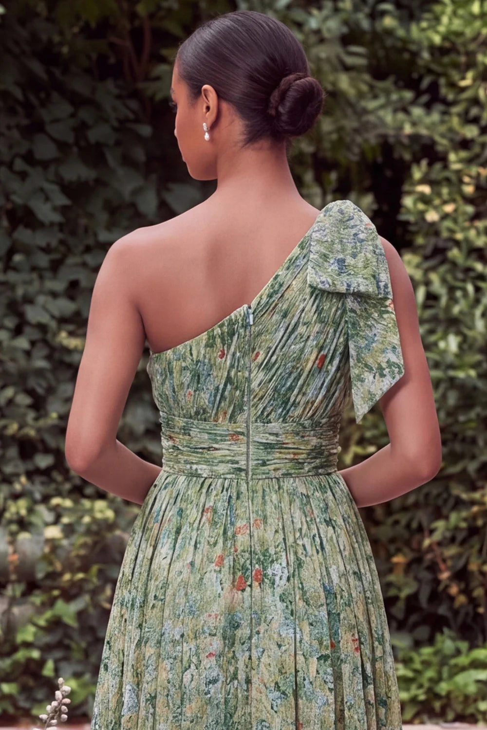 One Shoulder Sage Flower A Line Wedding Guest Dress with Bow