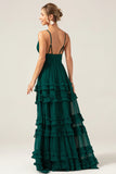 Dark Green A Line Spaghetti Straps Tiered Pleated Long Bridesmaid Dress