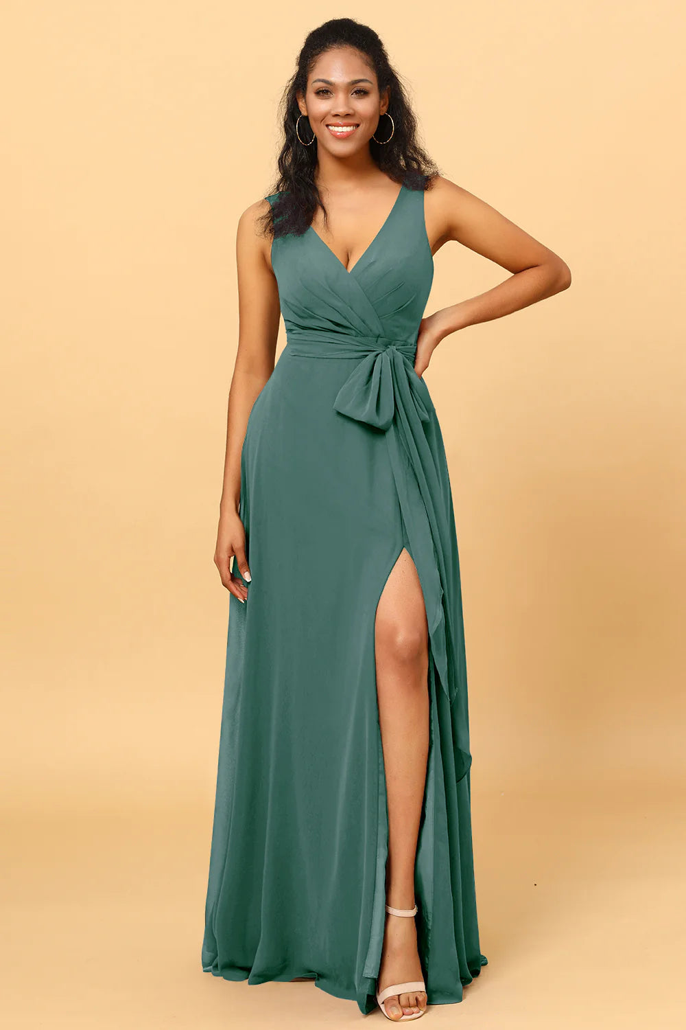 A Line V Neck Sleeveless Long Chiffon Bridesmaid Dress with Slit