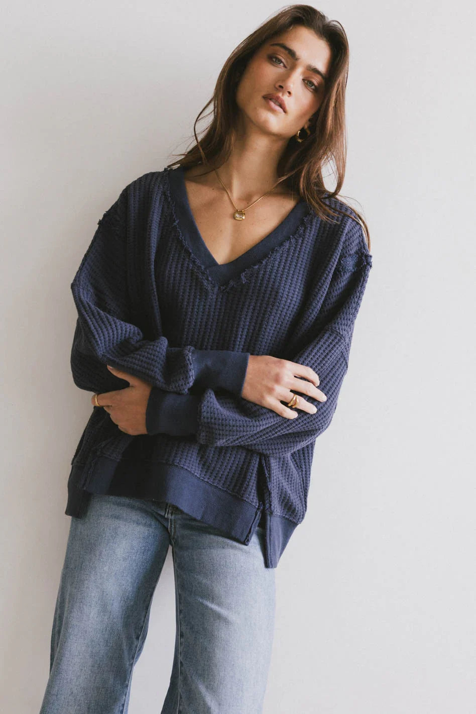 Ellis Waffle Knit Top in Navy FINAL SALE