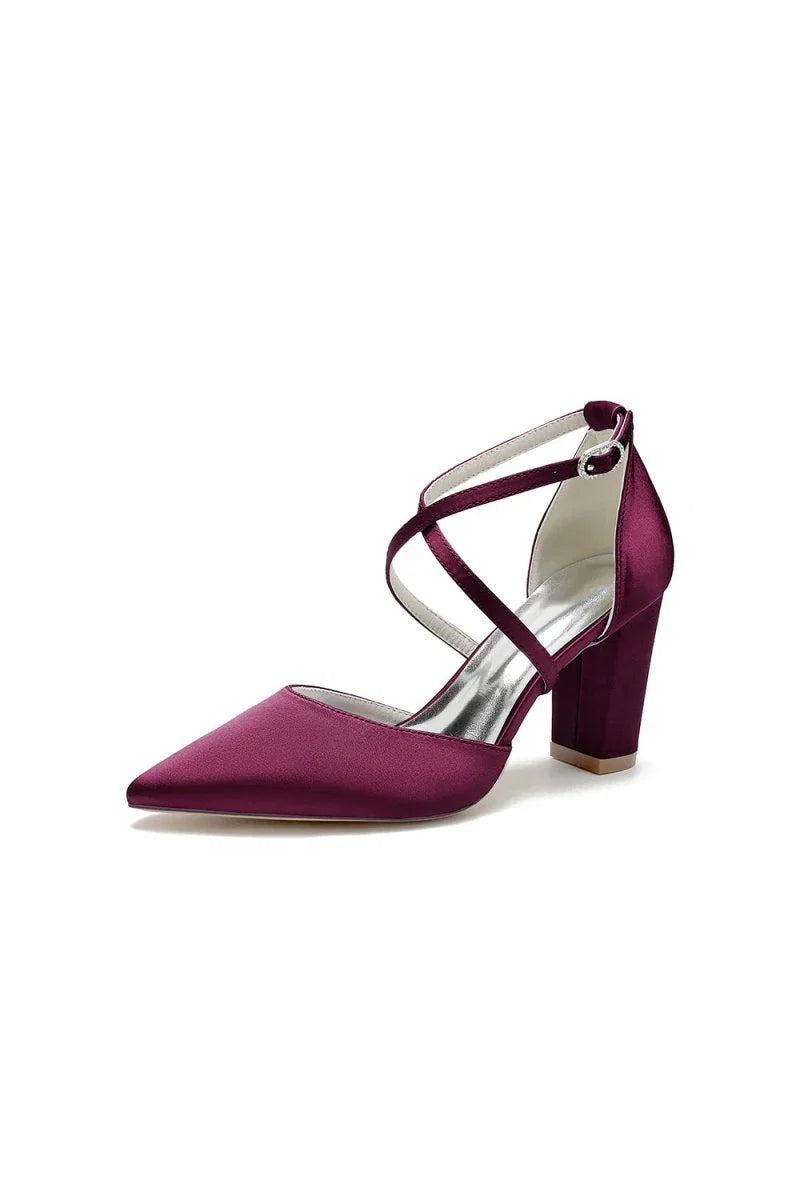 White Satin Pump with Cross Strap and Metal Accent