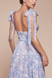 EDEN GOWN BLUE TIE STRAP A LINE FLORAL PRINTED SKIRT