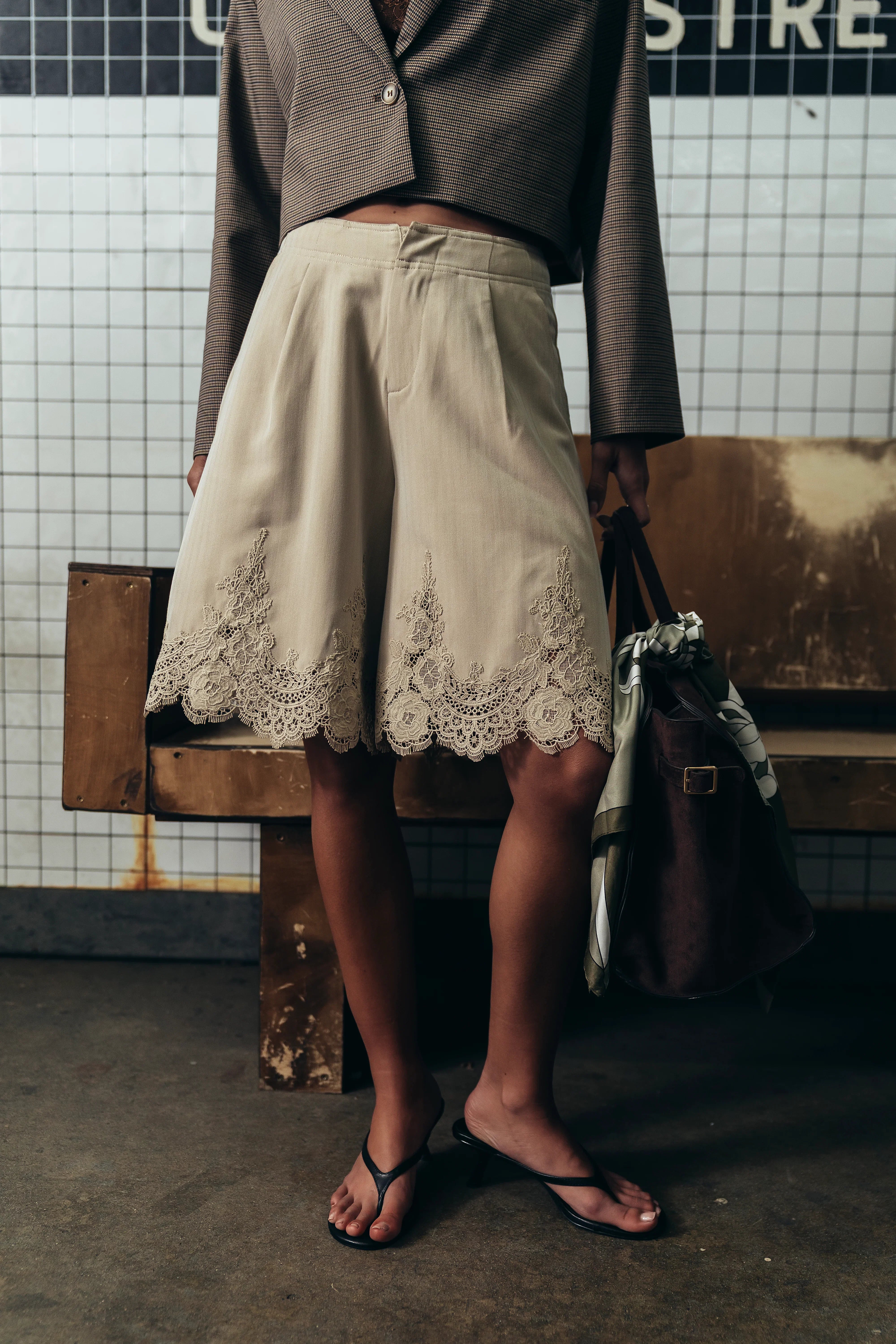 Mazie Lace Trim Shorts in Tan