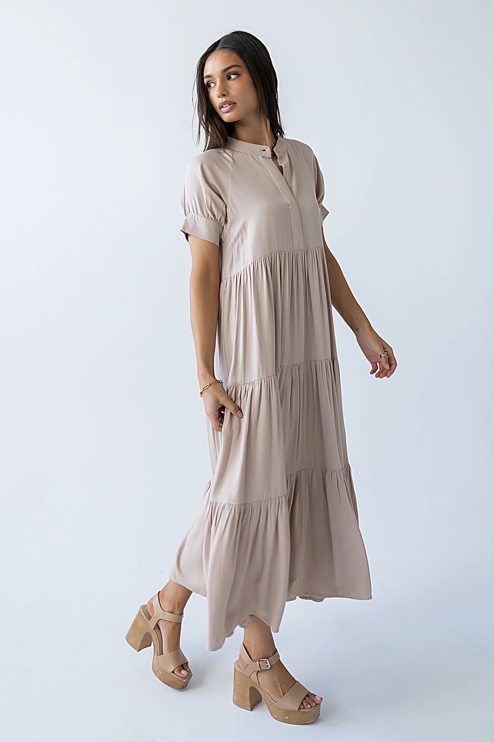 Amanda Tiered Dress in Tan