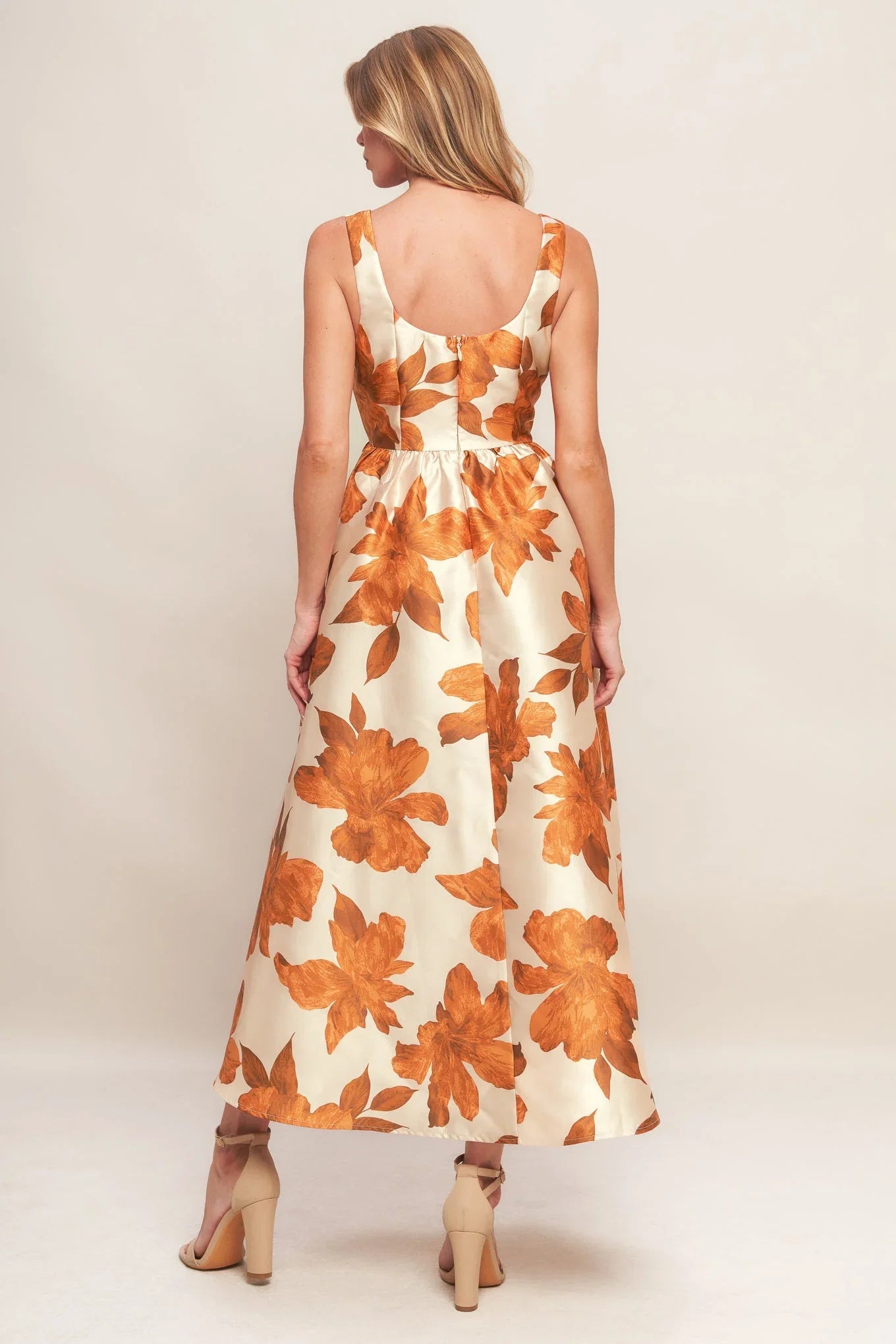FALL FLORAL SATIN MIDI DRESS RUST