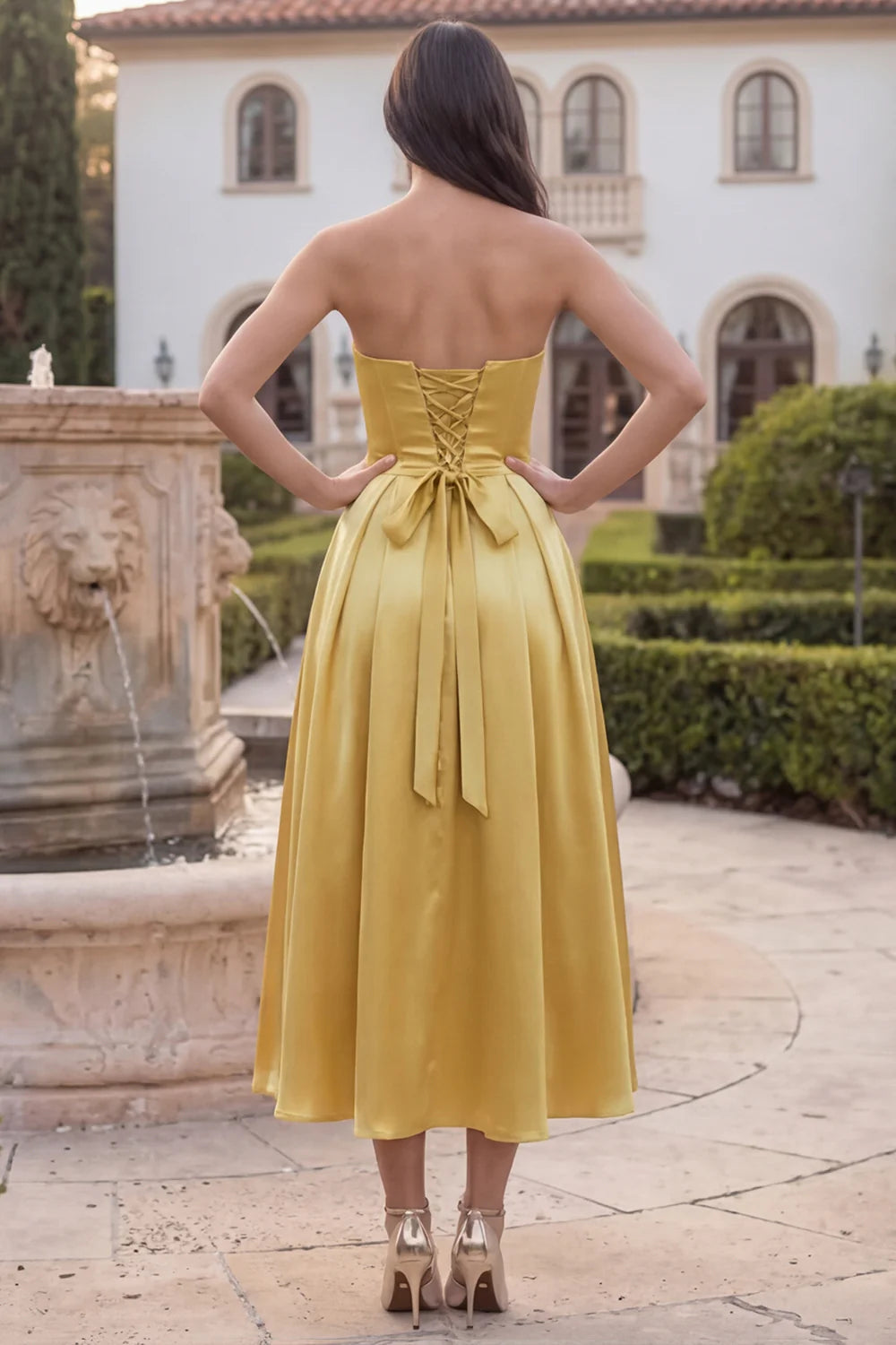 Golden Strapless A Line Corset Satin Midi Wedding Guest Dress