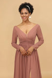 Blush V Neck Long Sleeves Chiffon Bridesmaid Dress with Slit