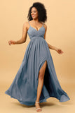 A Line Spaghetti Straps Ruched Long Chiffon Bridesmaid Dress with Slit